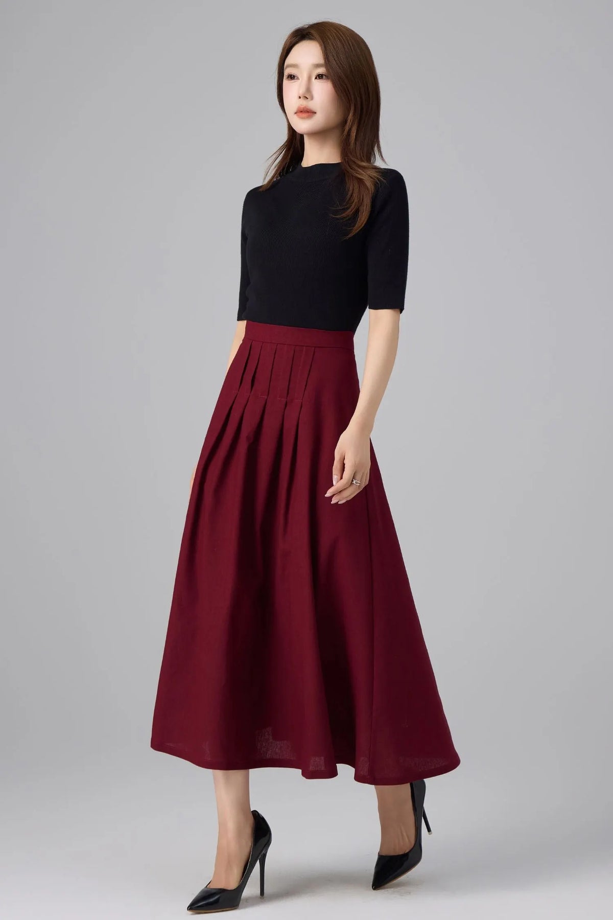Burgundy Linen Midi Skirt - High Waist Pleated A-Line 