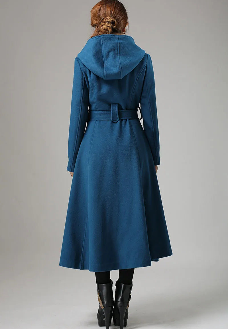 Vintage Teal Blue Wool Coat – Handmade Hooded Belted Winter Overcoat 