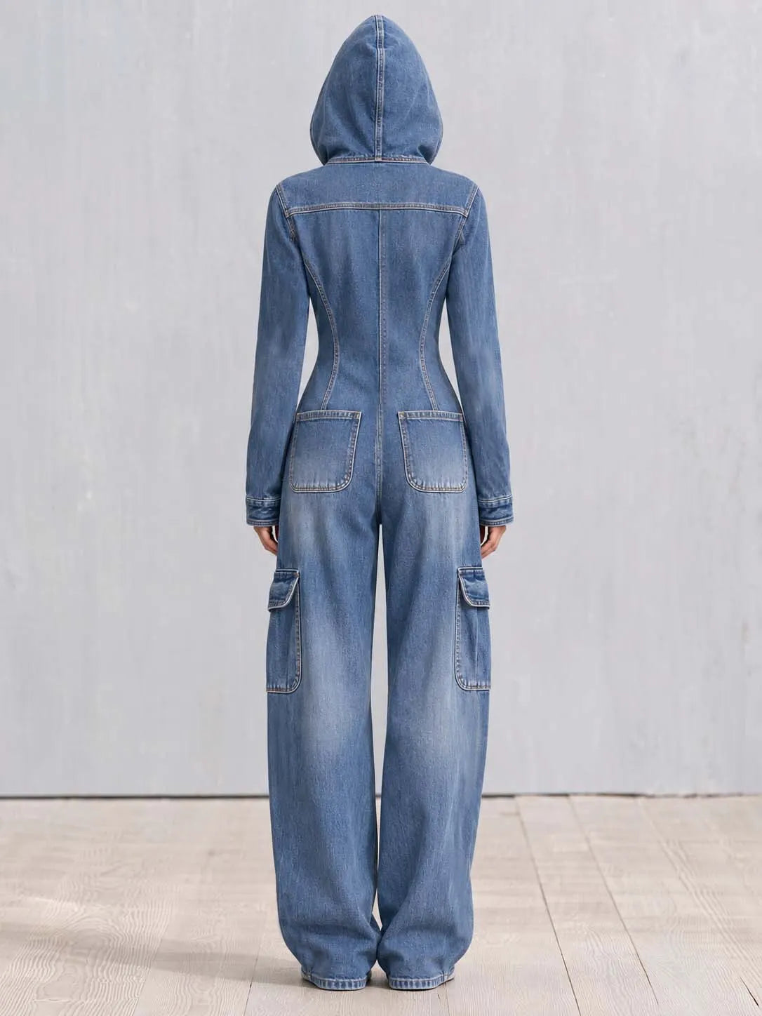 Vintage Military Washed Denim Jumpsuit Women Gold Button Hooded Wide Leg Cargo