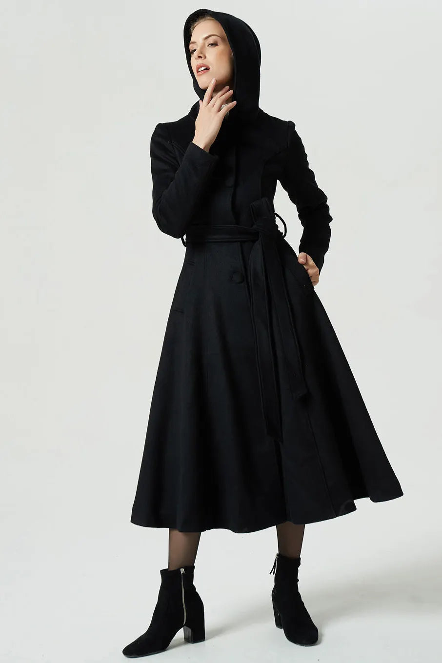 Handmade Black Wool Hooded Coat – Vintage Fit and Flare Maxi Winter Overcoat 