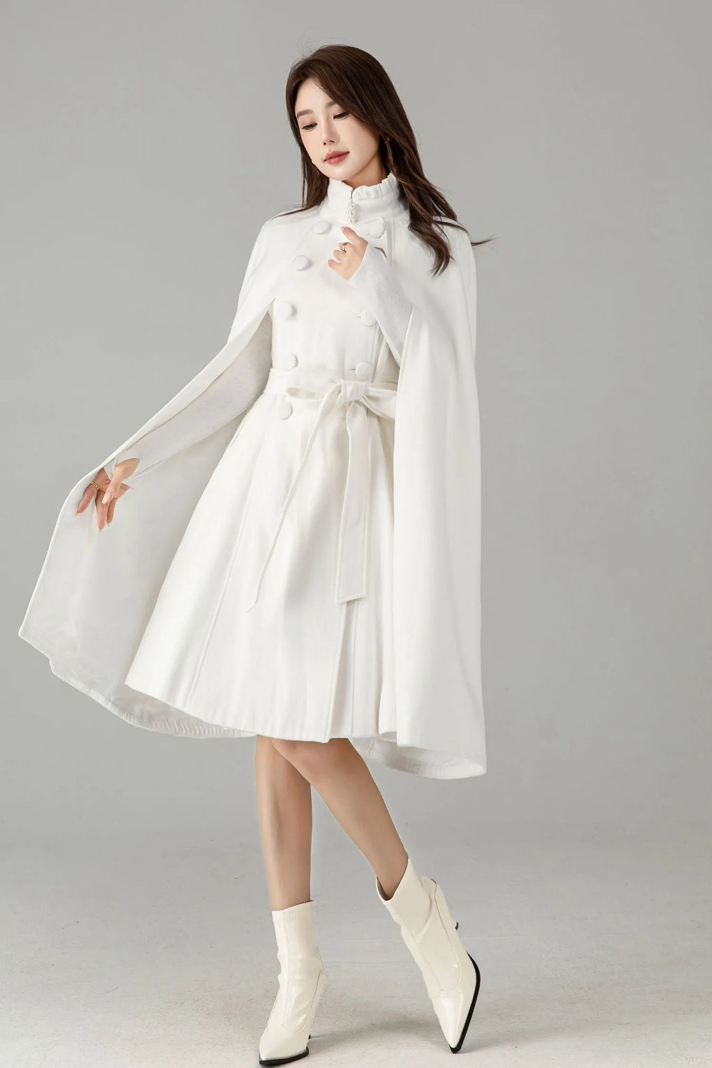 White Wool Cape Coat – Elegant Belted Winter Dress Coat 