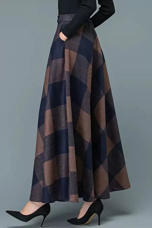 Plaid Wool Long Skirt - Full Flowy A-Line Silhouette 3947