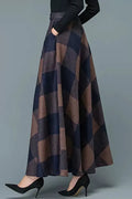 Plaid Wool Long Skirt - Full Flowy A-Line Silhouette 3947