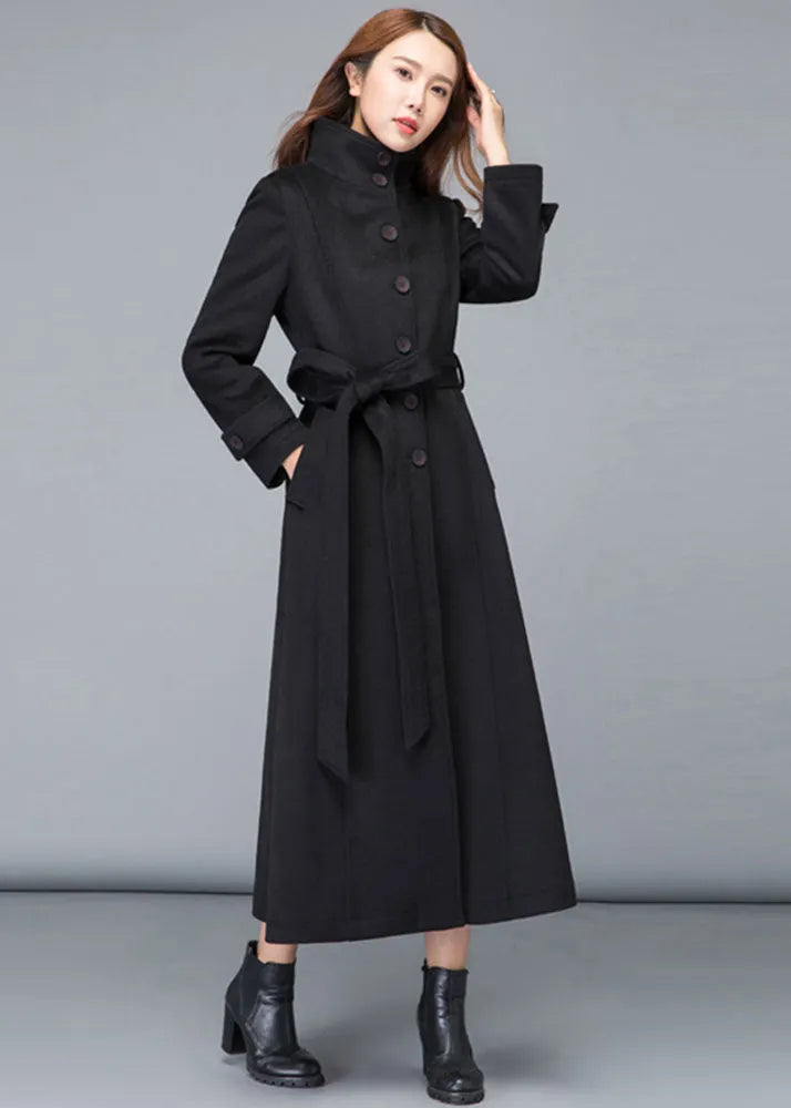 Black Wool Maxi Coat - Stand Collar Fit and Flare Silhouette 2478