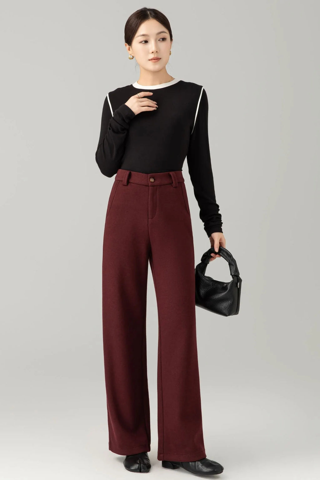 Burgundy Wool Wide Leg Pants - Loose Fitting Casual Winter 6465