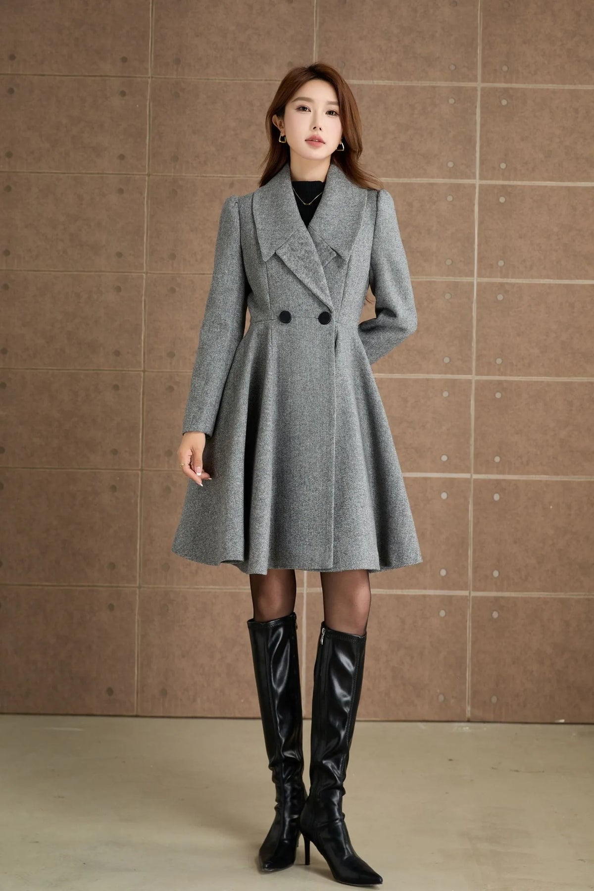 Wool Blend Fit and Flare Coat – Gray Double Breasted Coat with Pockets 5365