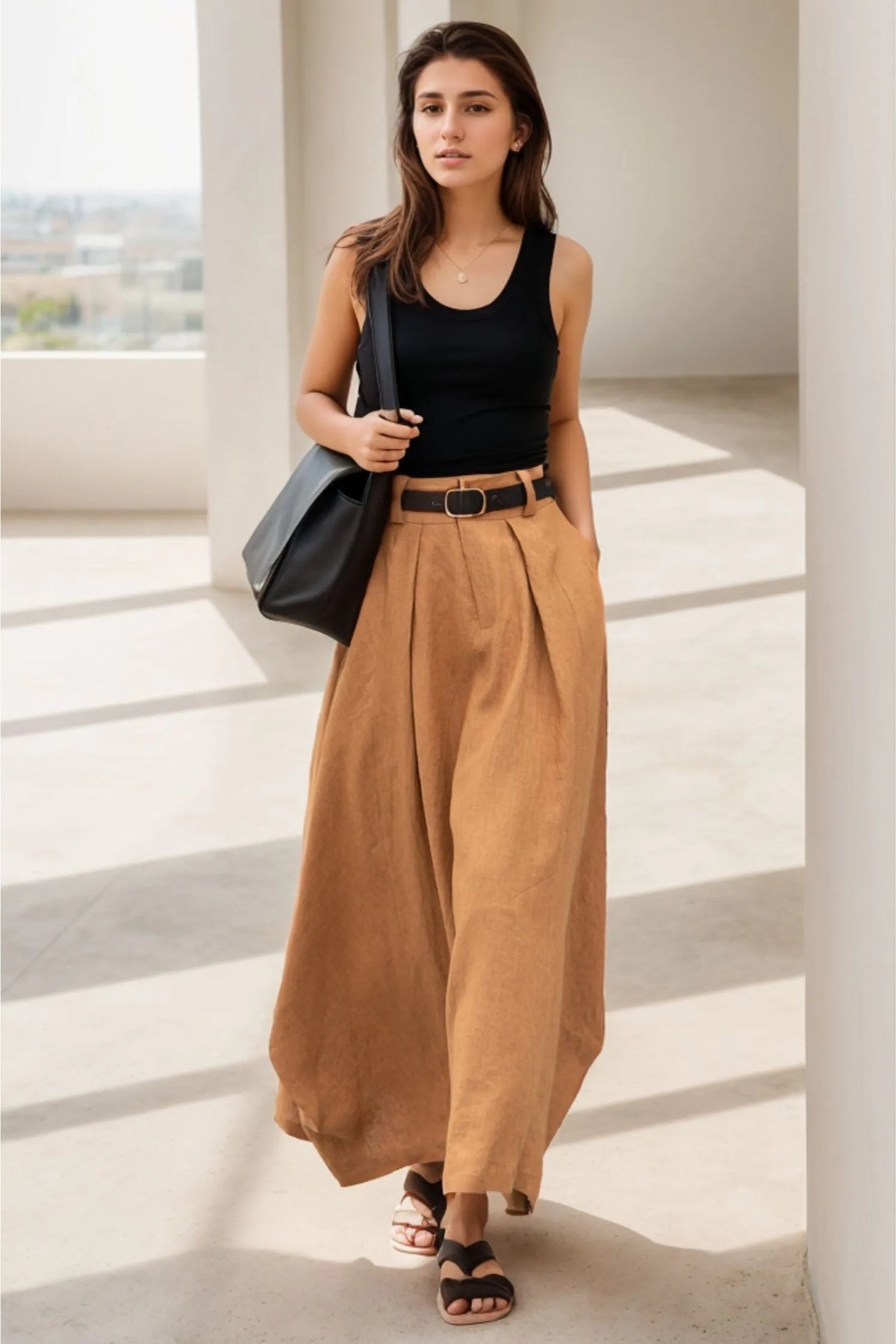 Handmade Linen Maxi Skirt – Camel High Waist A-Line Skirt with Pockets 