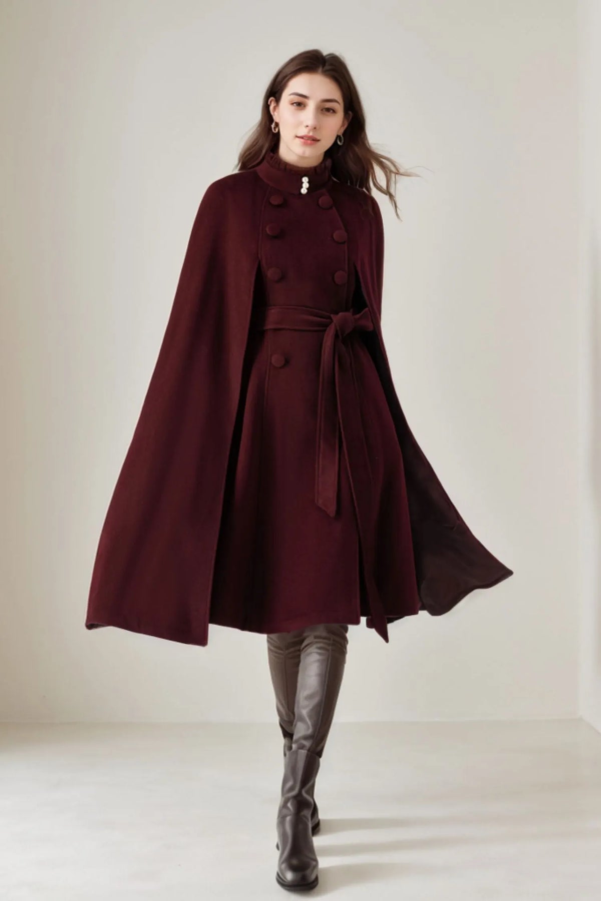 Burgundy Wool Cape Coat – Women’s Vintage Stand Collar Cloak with Belt 5245