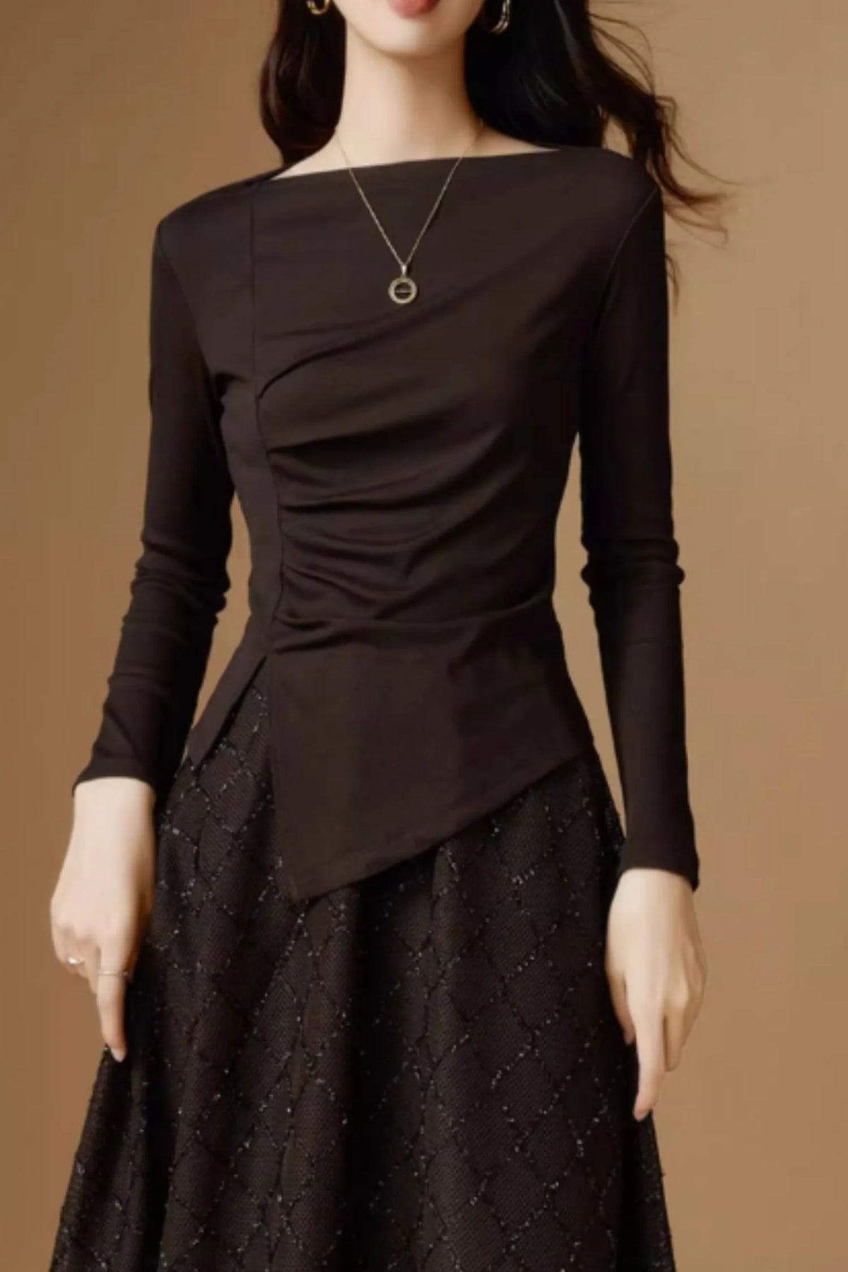 Forest Green Wool Blend Asymmetrical Knit Top - Long Sleeve Autumn Essential 5525