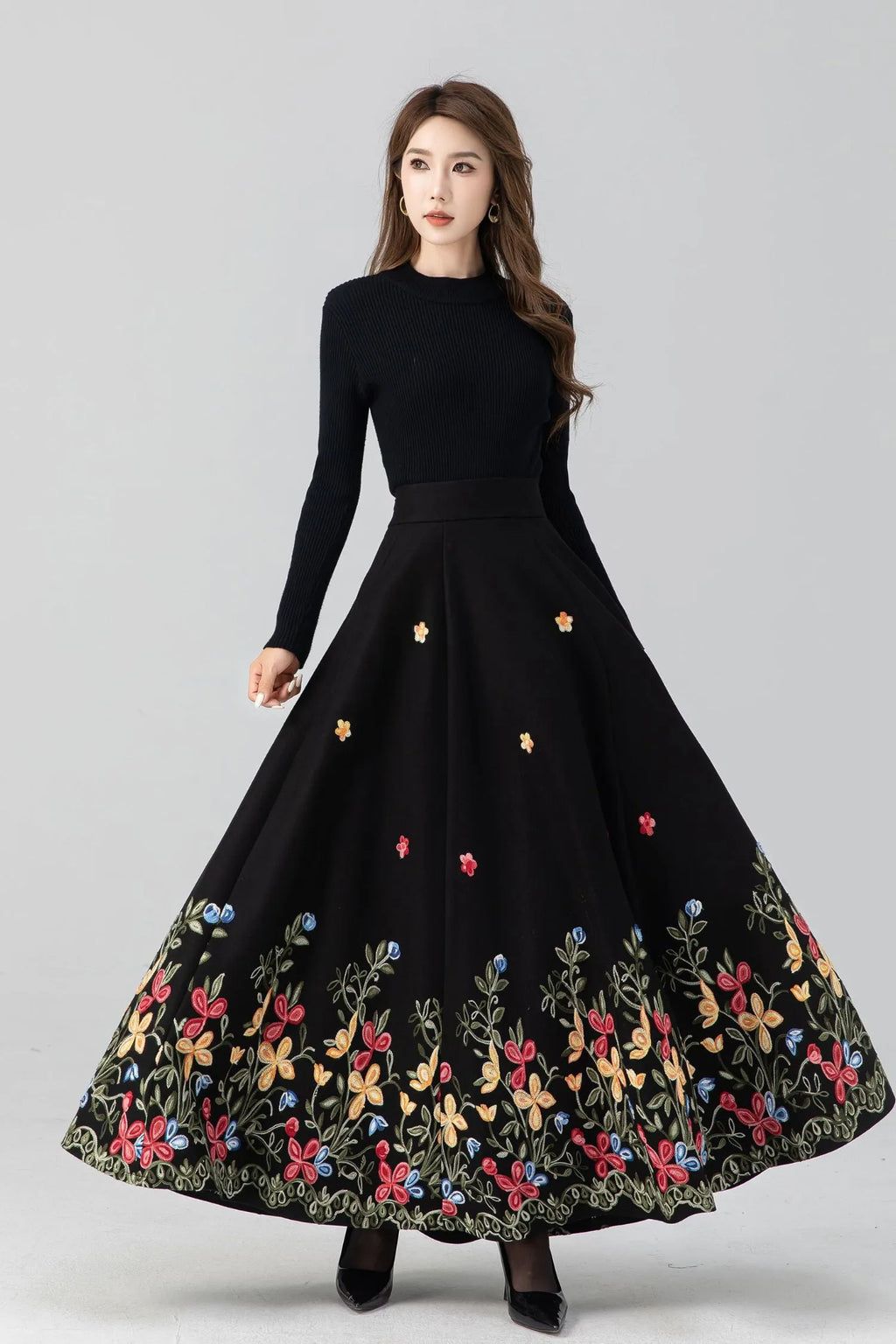 Black Wool Maxi Skirt - Embroidered Flared Silhouette 4664