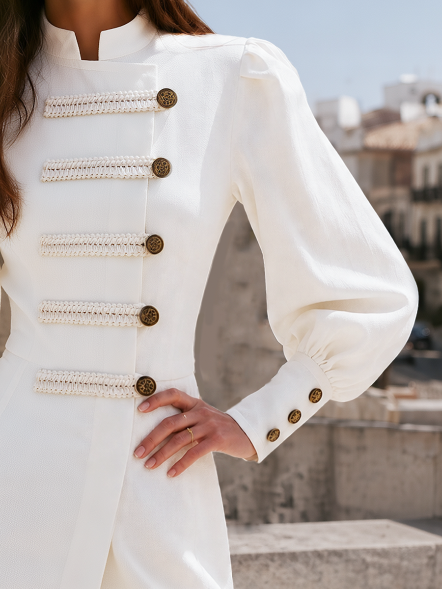 Ivory High-Neck Pearl-Trim Gold-Button Tailored Long Sleeve Statement Mini Dress