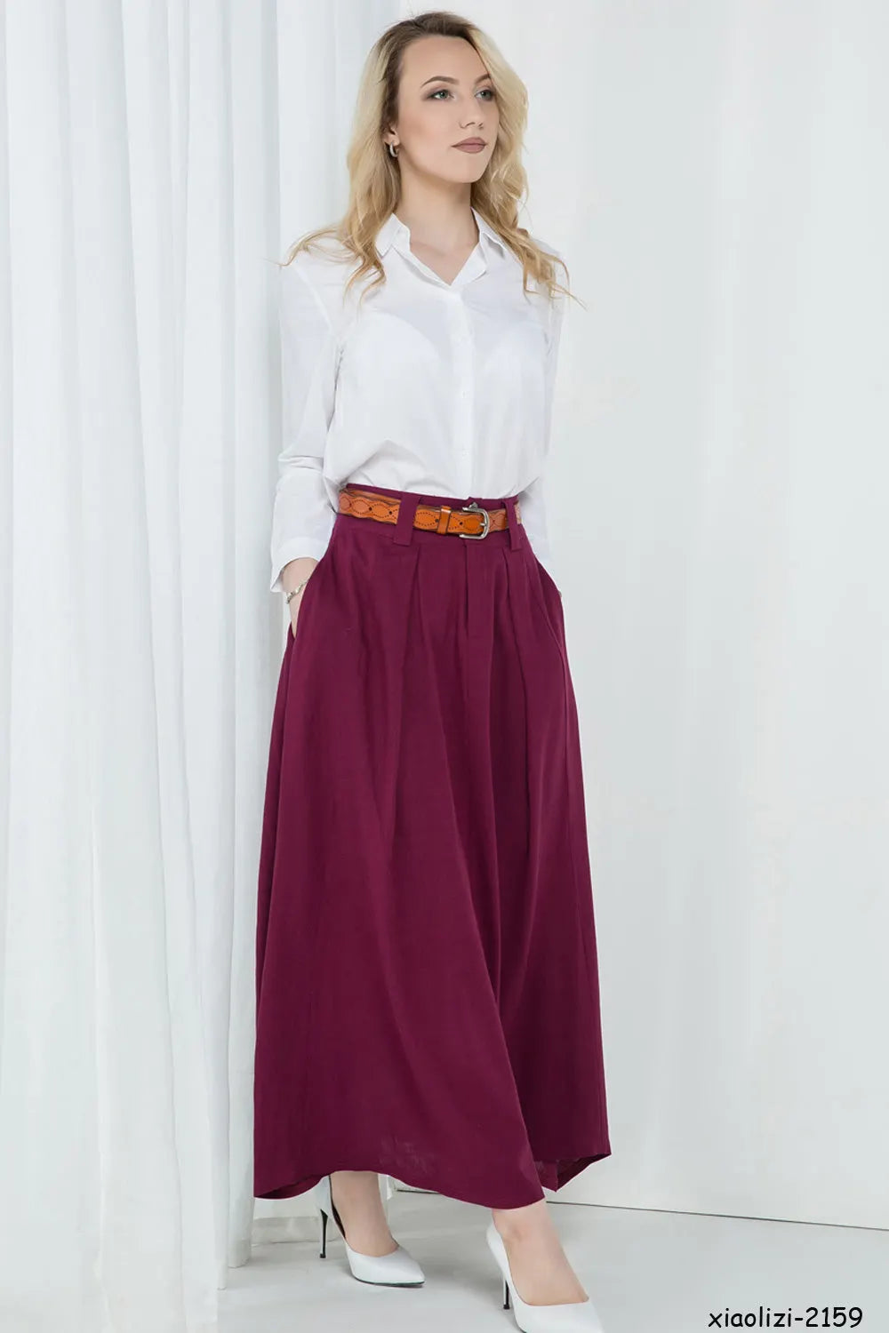 Handmade Linen Maxi Skirt – Wine Red Asymmetrical Long Skirt for Women 