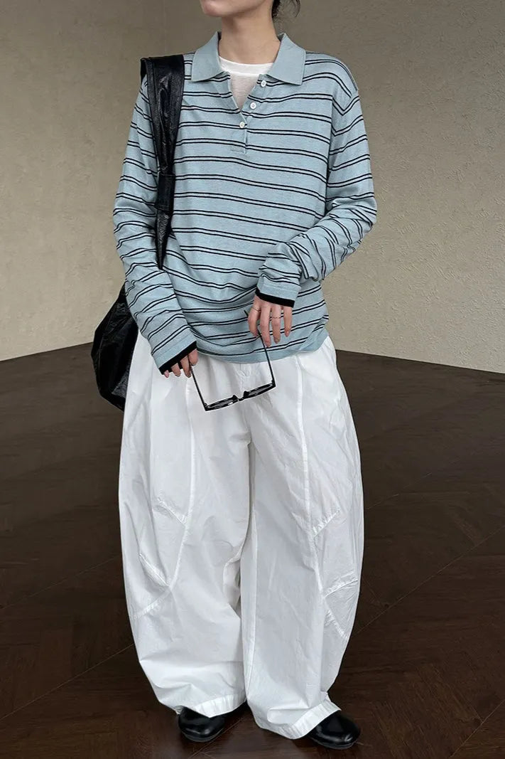 Soft Wool Striped Polo Collar Long Sleeve Long Sleeve Tee