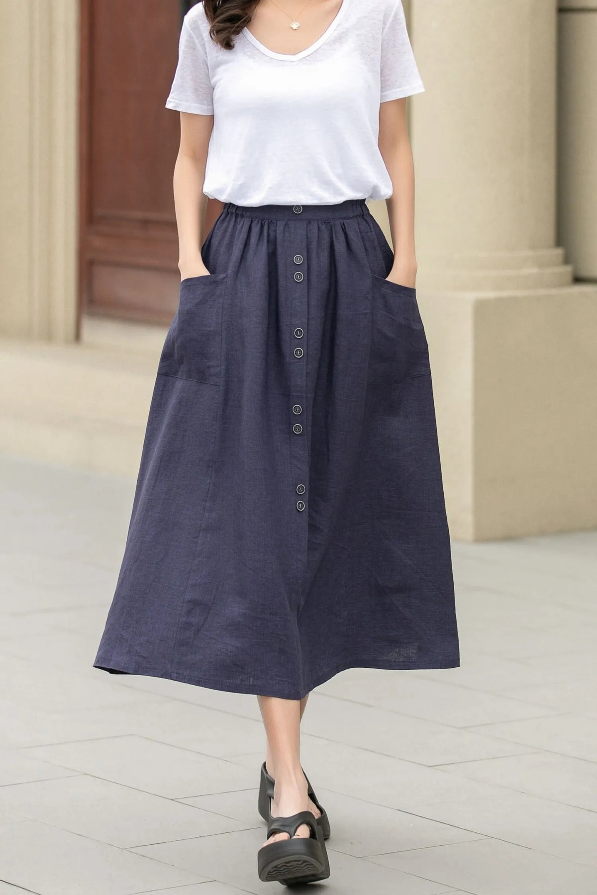 Dark Blue Linen Midi Skirt - Button-Up, Elastic Waistband 4944