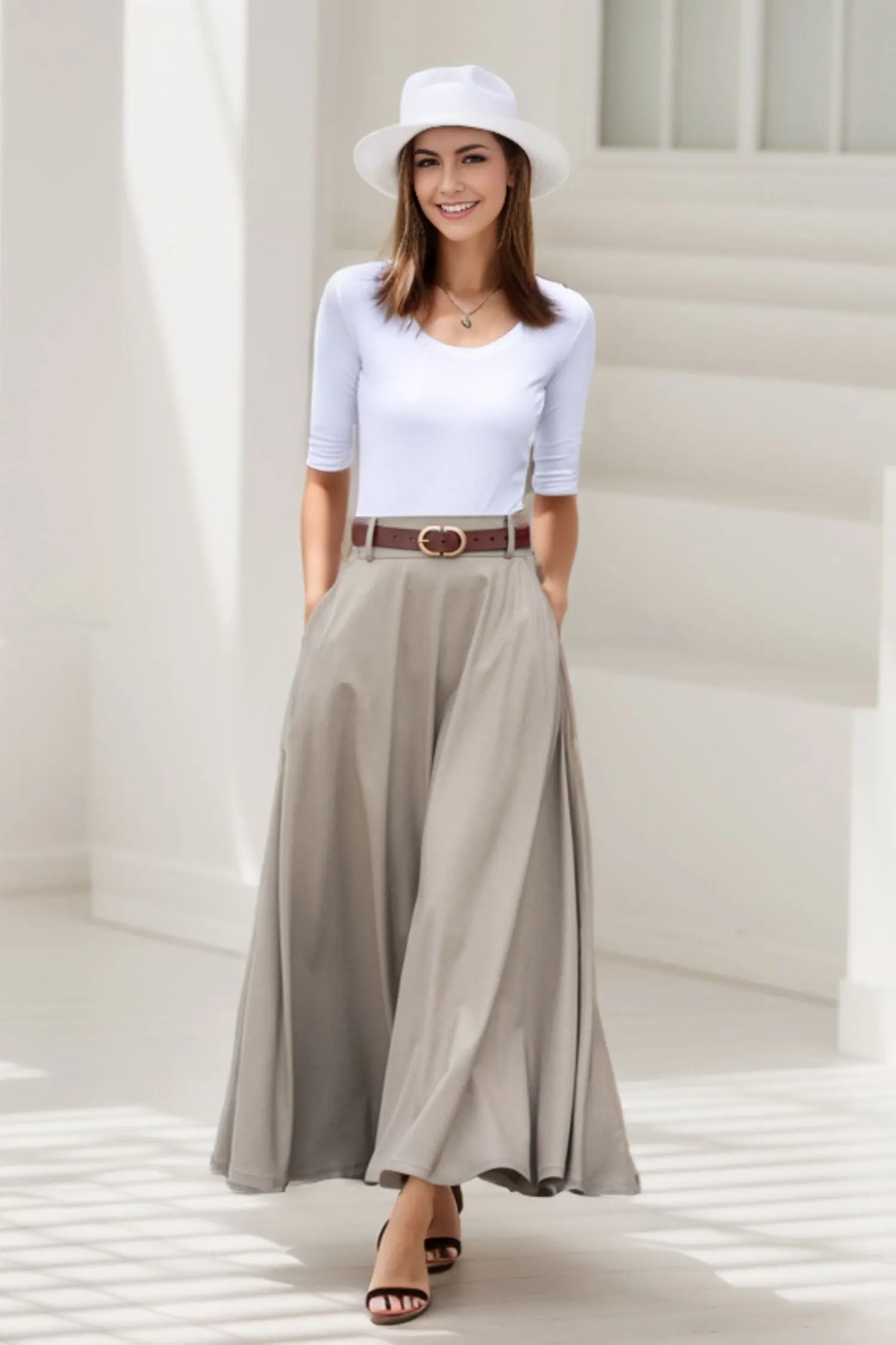 Khaki Cotton Linen Maxi Skirt – Vintage High Waist Long Skirt with Pockets 2783