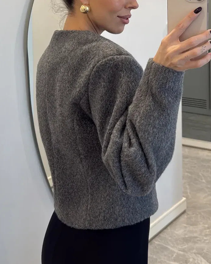 Gold Button Collarless Balloon Sleeve Cropped Knit Jacket