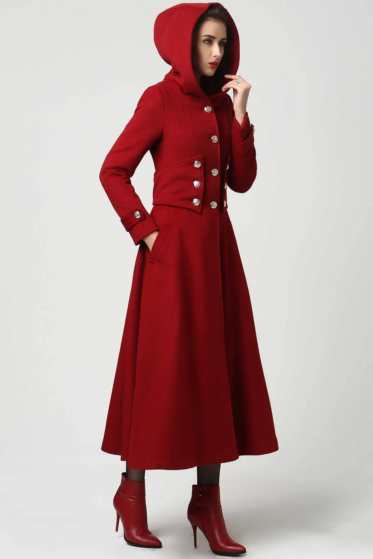 Red Wool Blend Coat - Hooded Ankle Length A-Line 