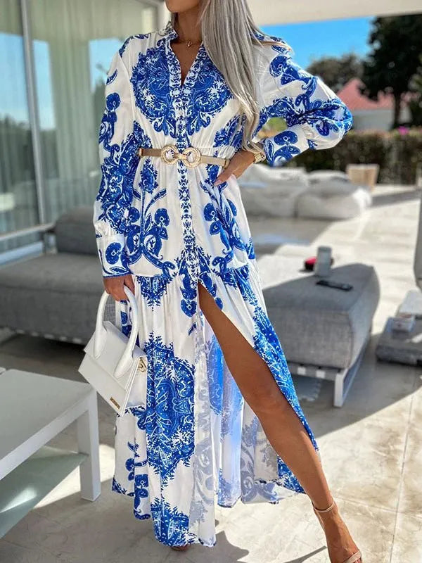 Vintage Print Long Sleeve Slit Dress