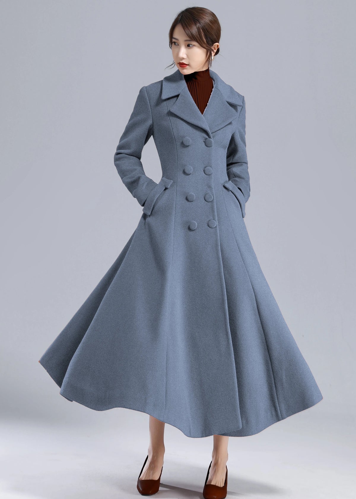 Blue Wool Long Coat - Fit and Flare Double Breasted 5496