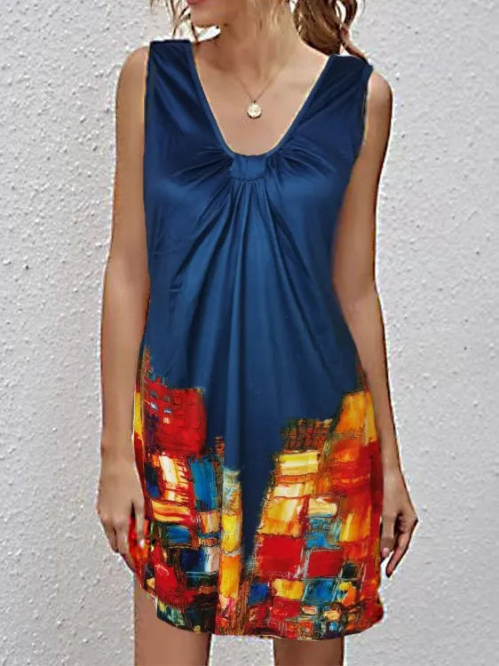 V-Neck Printed Sleeveless Casual Dress