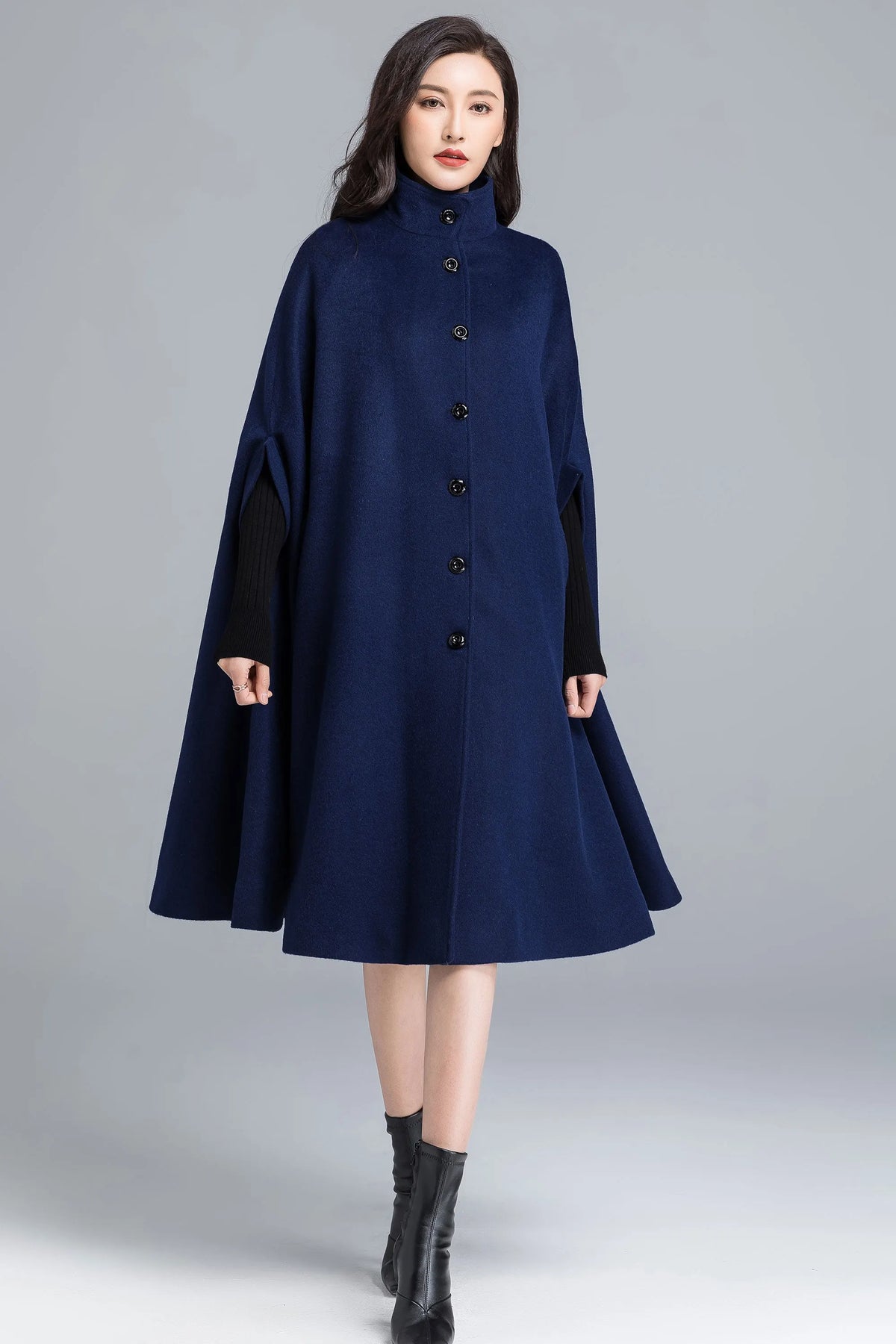 Women's Navy Wool Blend Cape – Button Front Winter Cloak with Structured Collar 2486