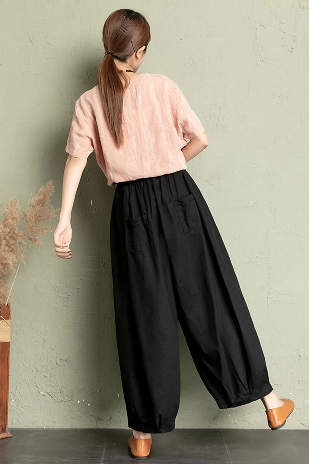 Linen Wide Leg Pants Women - High Waist Elastic 