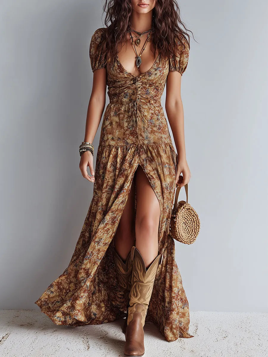 Boho Hem Slit Floral Maxi Dress
