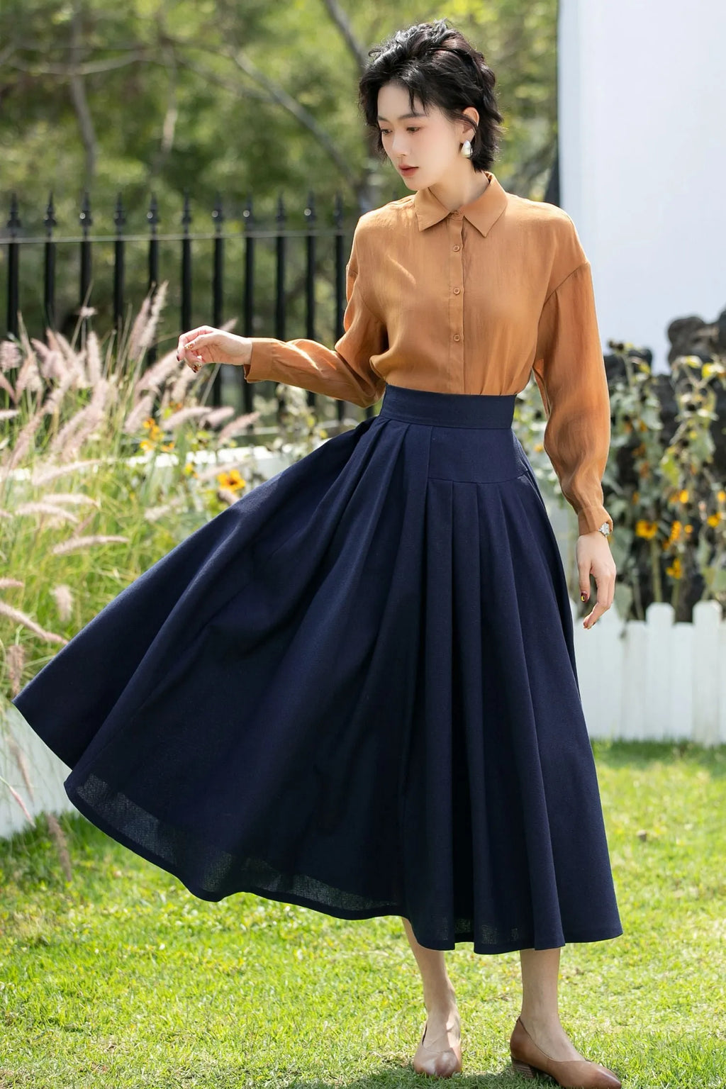 Deep Navy Linen Cotton Midi Skirt High Waist 