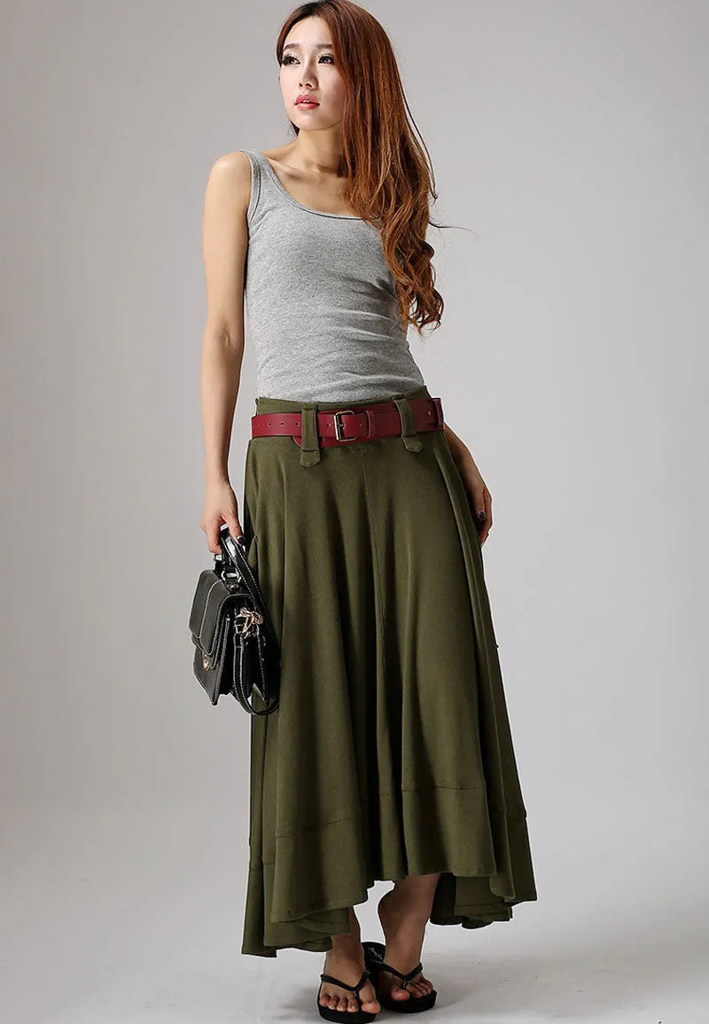 Army Green Linen Maxi Skirt - Wide Flared Silhouette with Pockets 0885