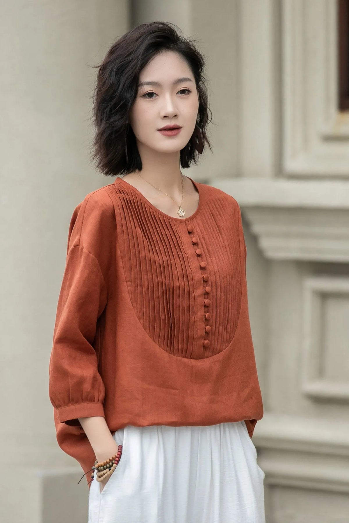 Rust Red Cotton Linen Tunic Top - 3/4 Sleeve Crew Neck 