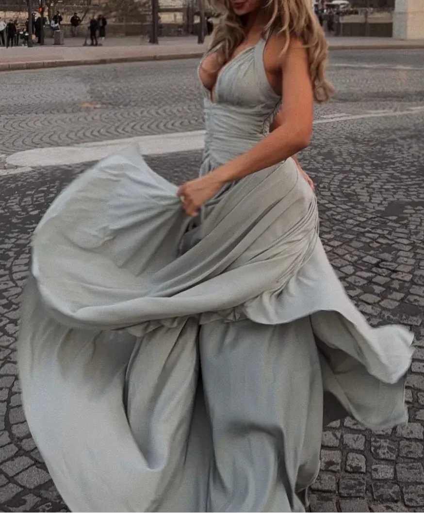 French Halter Deep V Ruched Slit Flare Maxi Dress | Luxury Elegant Waist-Cinching Slimming Evening Gown
