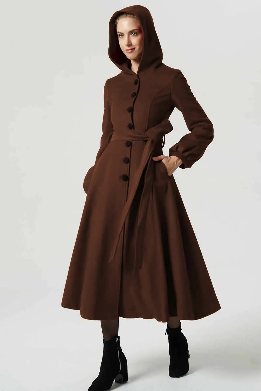Brown Wool Coat Maxi Dress - Hooded, Belted Swing Silhouette 6308