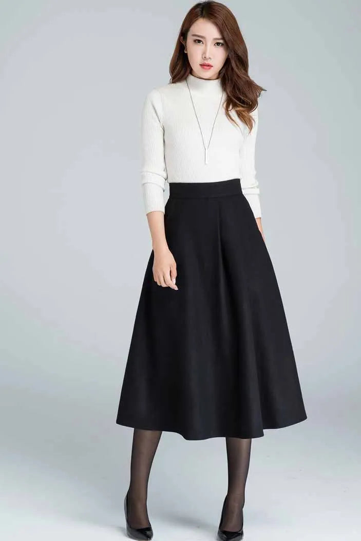 Elegant Black Wool Skirt – Handmade Midi Winter Skirt with Pockets 
