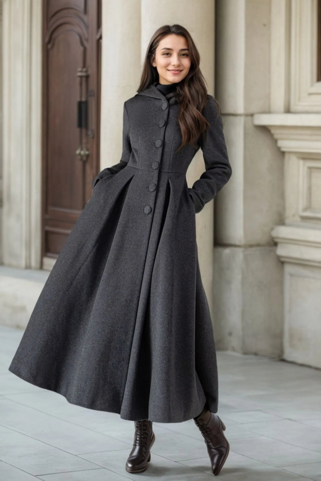 Dark Grey Wool Coat - Long Swing with Hooded Neck 4507