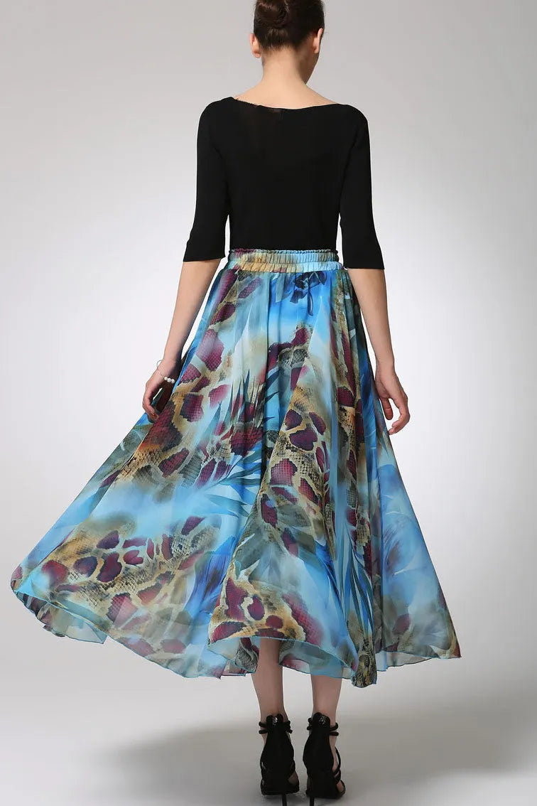 Abstract Print Chiffon Maxi Skirt for Women with Elastic Waist 