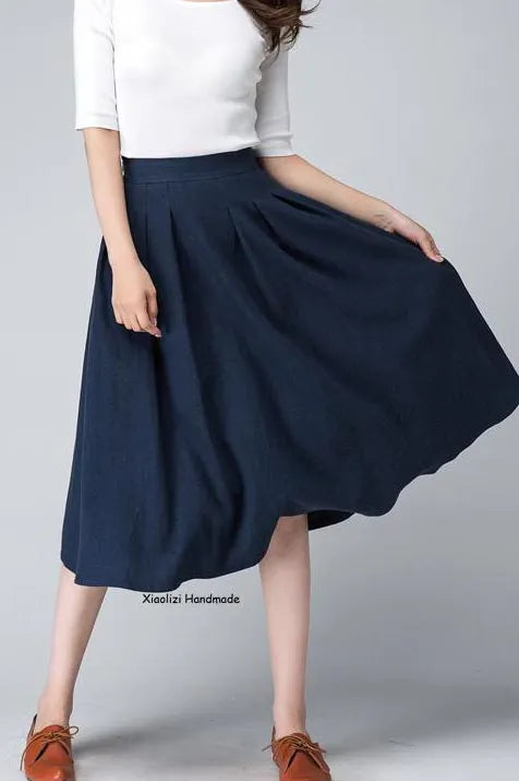 Elegant Navy Linen Midi Skirt – High-Waisted A-Line with Side Zipper 