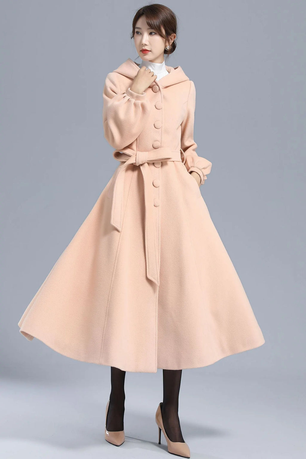 Handmade Wool Hooded Coat – Lantern Sleeve Belted Winter Long Overcoat 