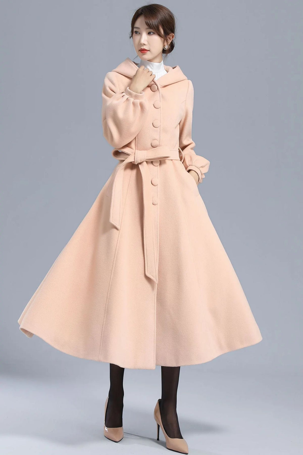 Handmade Wool Hooded Coat – Lantern Sleeve Belted Winter Long Overcoat 