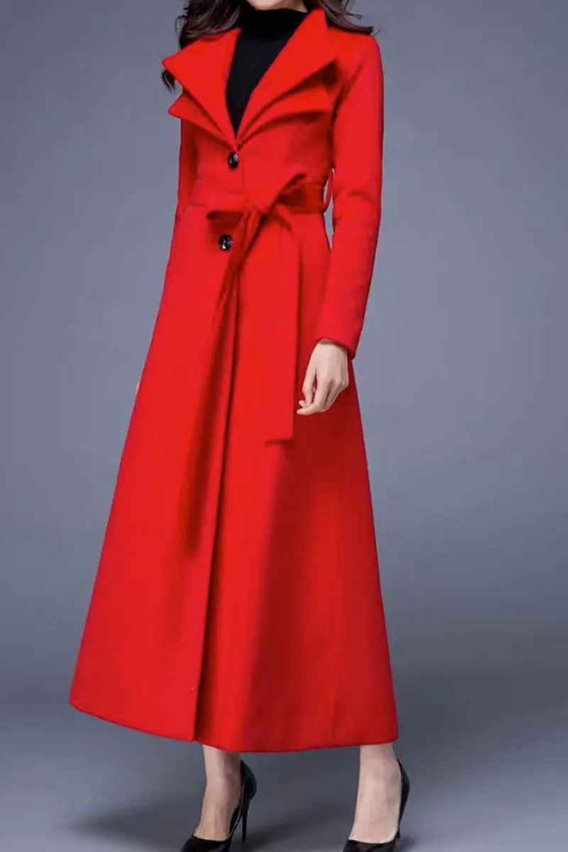 Handmade Wool Blend Coat – Elegant Lapel Maxi Overcoat with Belt & Pockets 4477