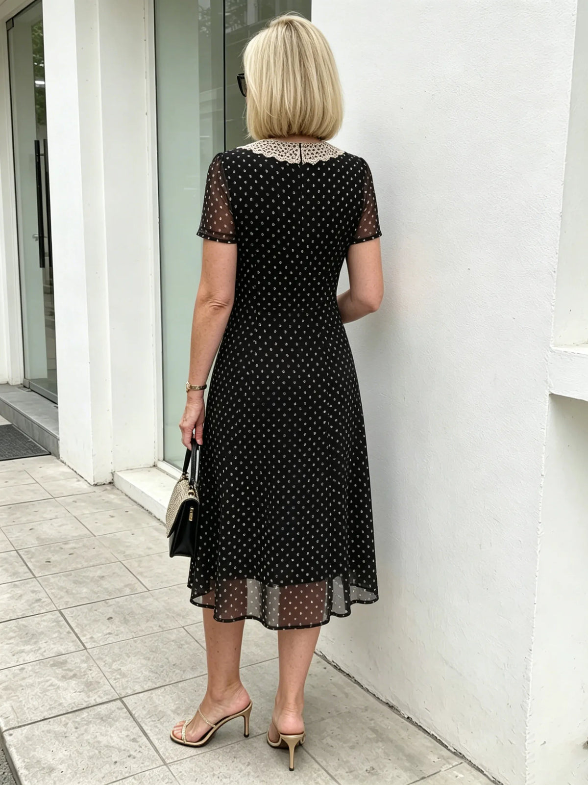 Black Polka Dot Mesh Midi Dress, Lace Peter Pan Collar Short Sleeve Elastic Waist Tummy Concealing Slimming Temperament 