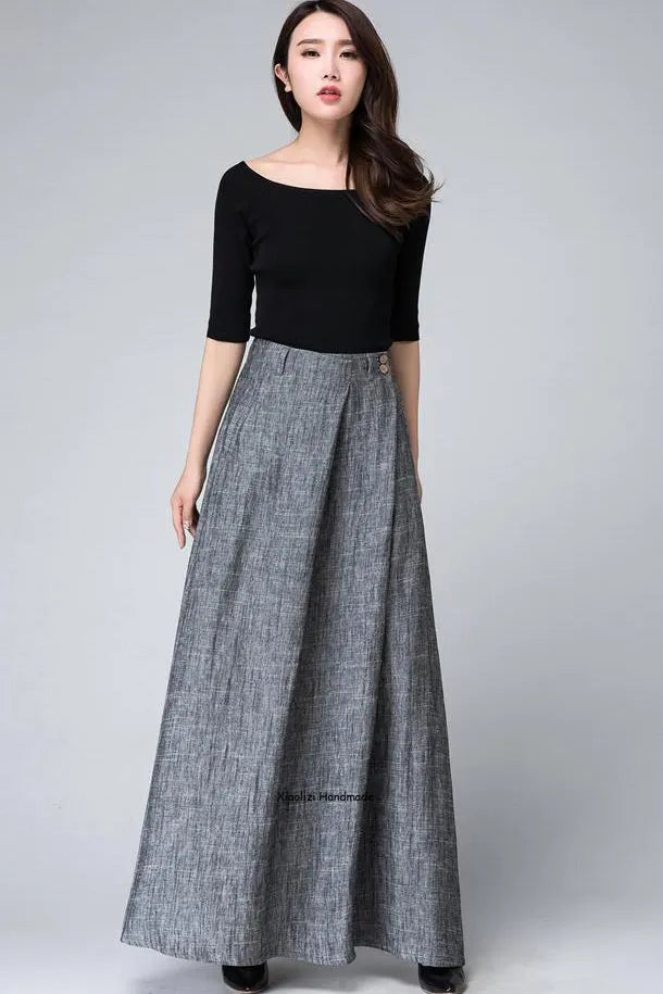Grey Linen Cotton Maxi Skirt – Women’s High Waist Pleated Long Skirt 1506