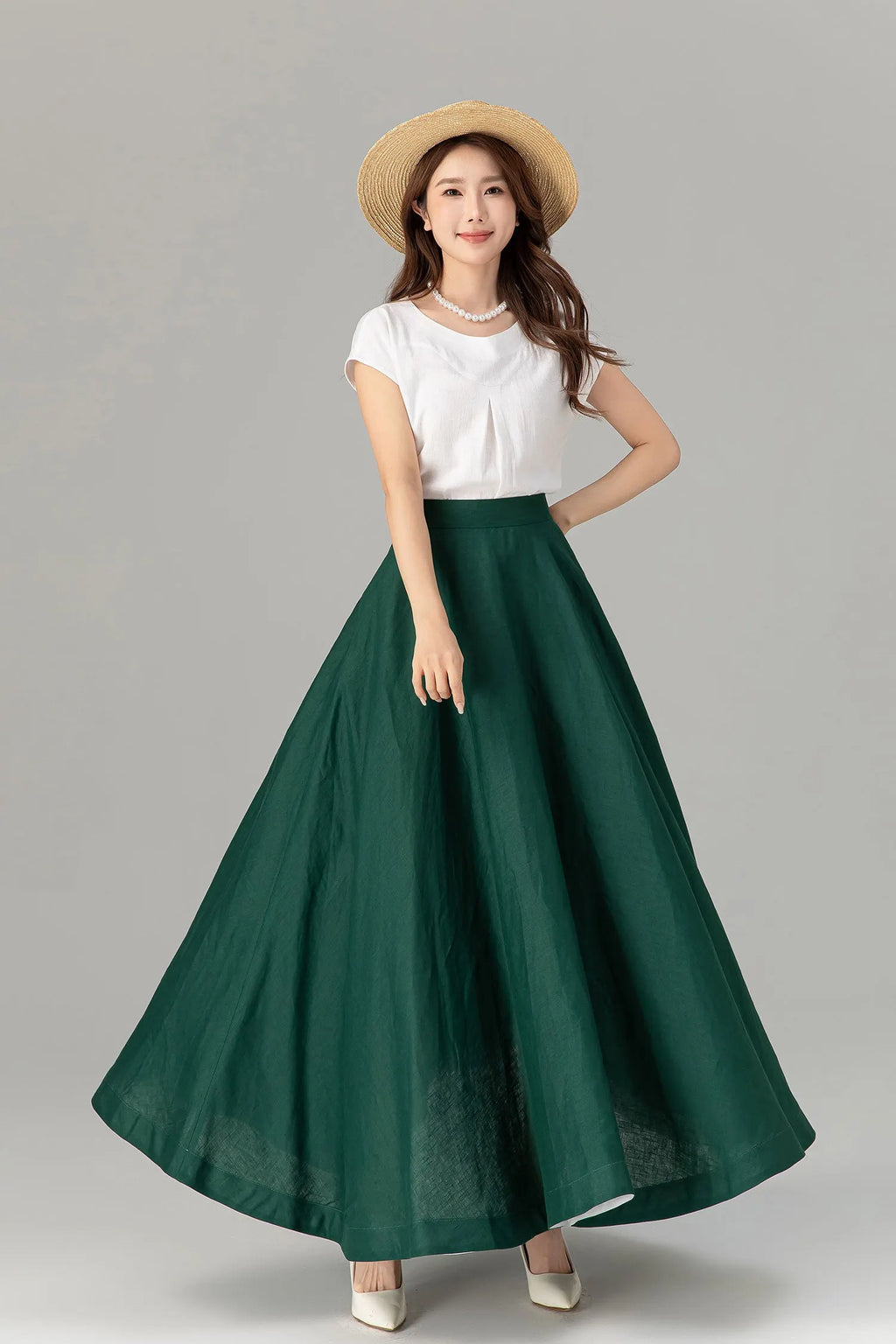 Green Linen Maxi Skirt - A-Line Flowy Silhouette with Pockets 4929