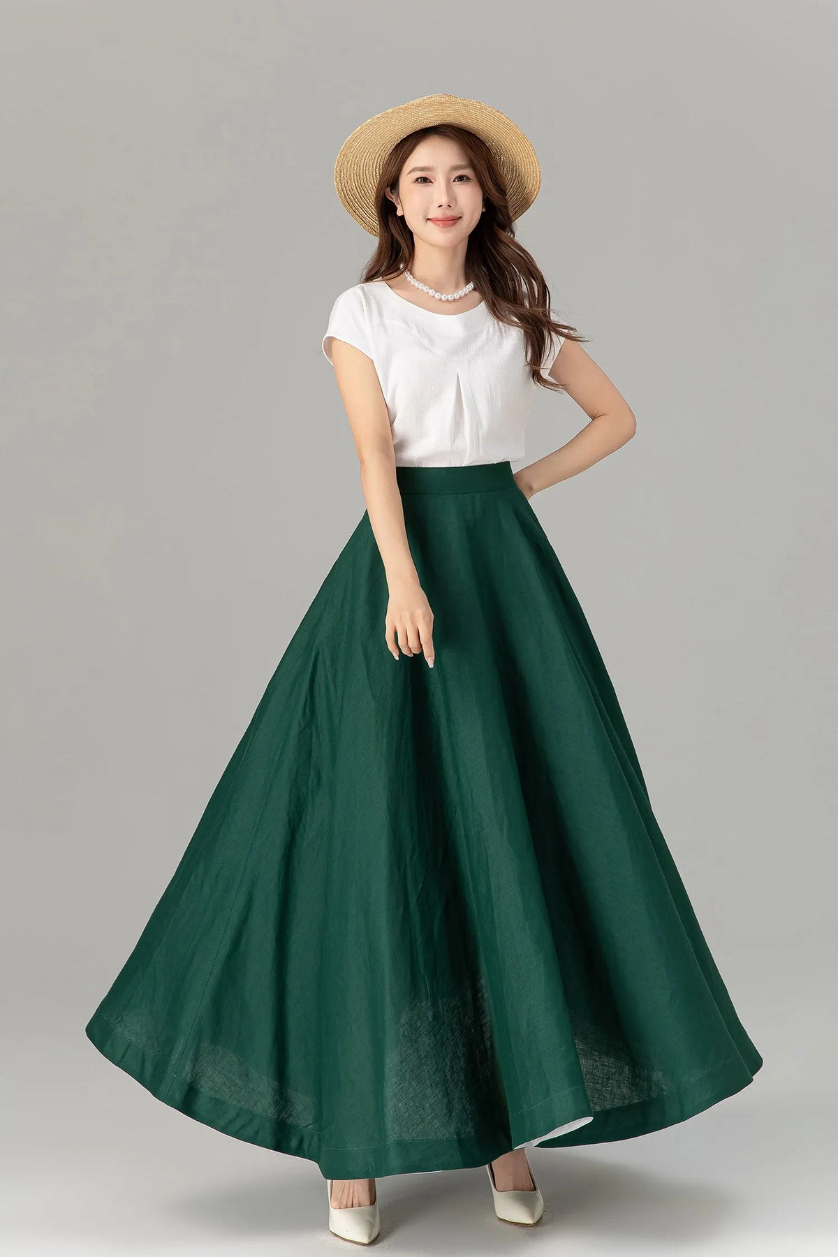 Green Linen Maxi Skirt - A-Line Flowy Silhouette with Pockets 4929