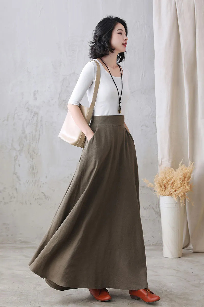 Khaki Linen Maxi Skirt - High Waist A-Line Hidden Zipper 