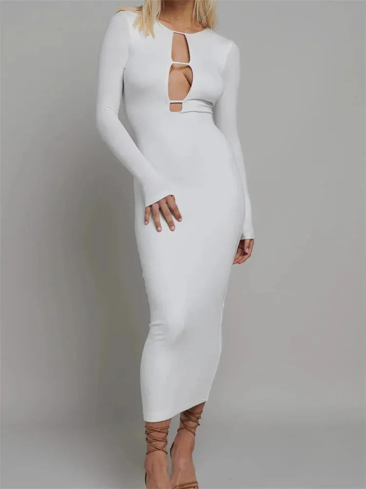Round Neck Hollow Out Party Clubwear for Women Backless Sleeve Solid Color Slim Fit Vestidos