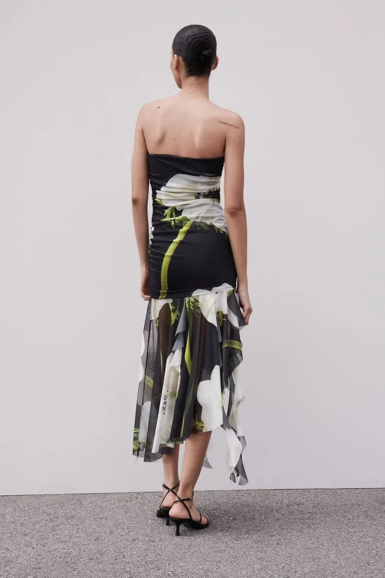 Gardenia Floral Mesh Pleat Tube Midi Dress