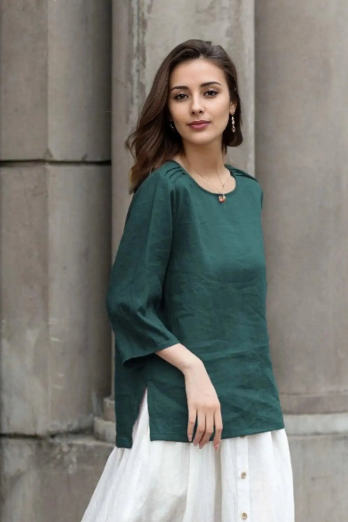 Green Linen Blouse - Loose Fit with Boat Neckline 5781