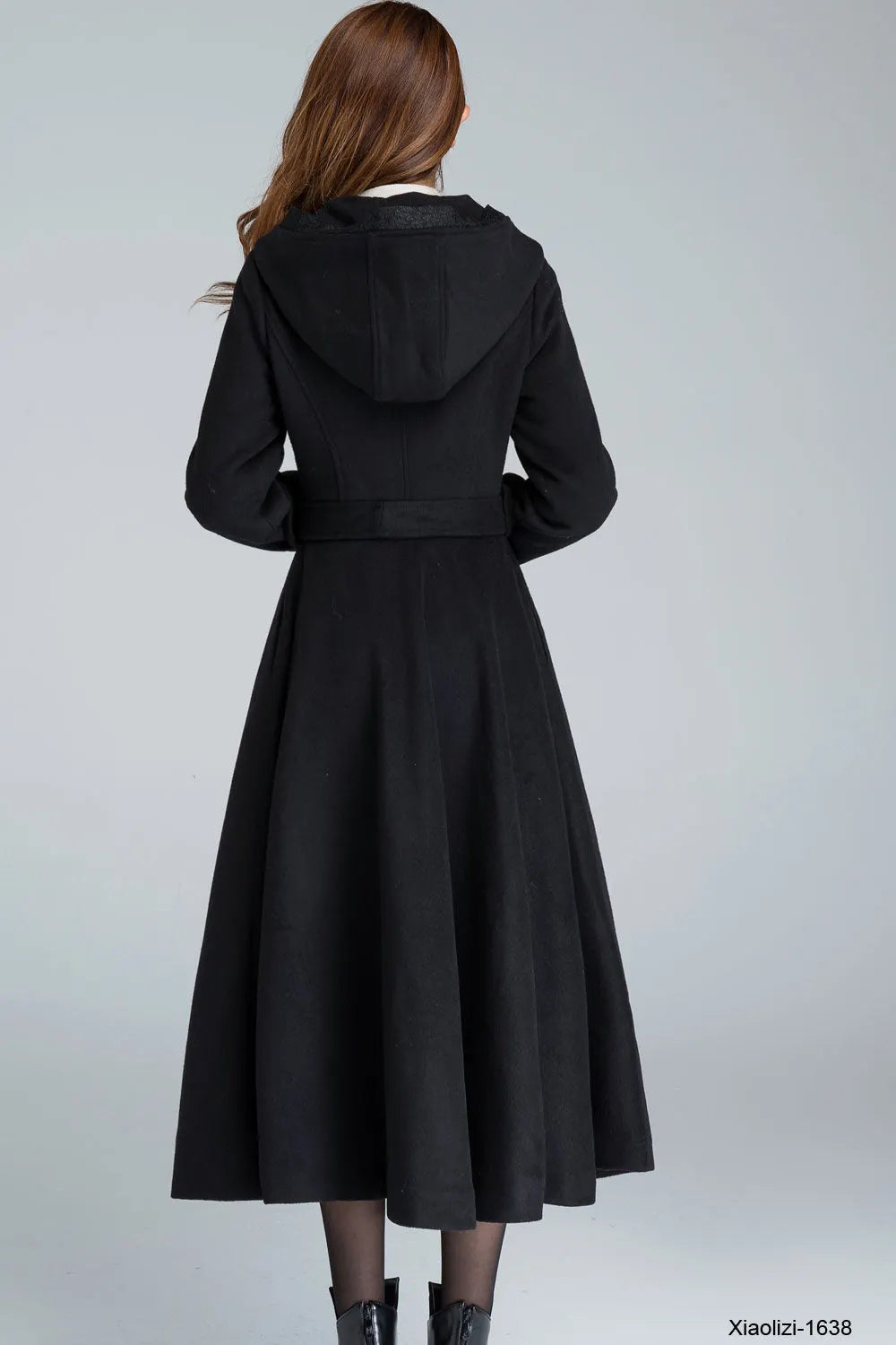 Xiaolizi Black Hooded Wool Coat for Women – Handmade Fit-and-Flare Winter Coat with Belt 1638