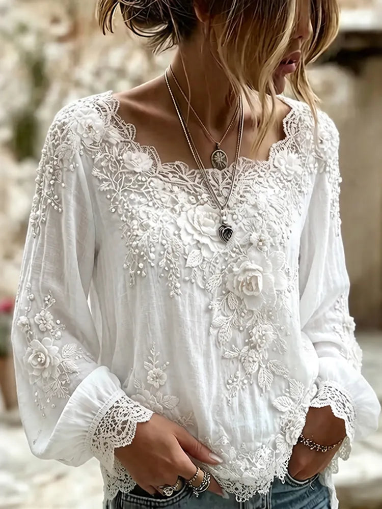 Women's Vintage White Rose Floral Art Flowy Crew Neck Long Sleeve Linen T-shirt