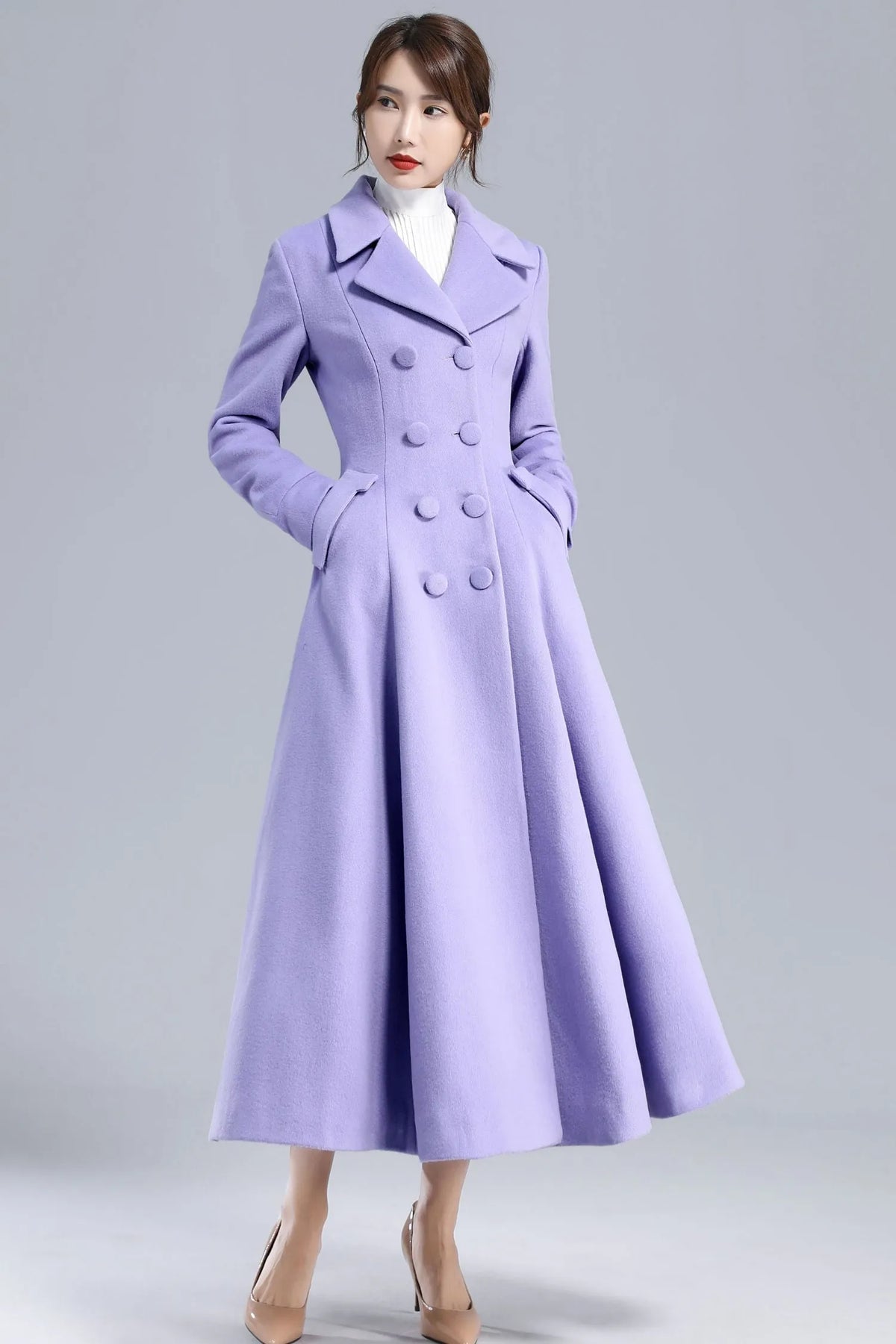 Purple Wool Fit-and-Flare Long Coat - Double-Breasted Elegant Silhouette 3232